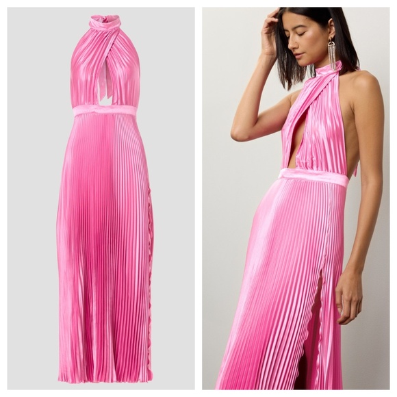 L’Idee Dresses & Skirts - L'IDEE Renaissance Split Gown Halter Pleated Pink Satin Maxi Dress AU 10 / US 6